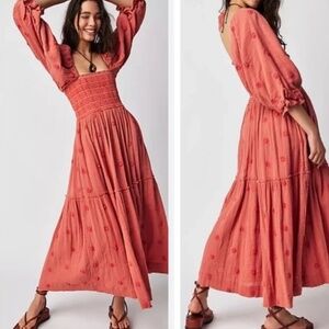 NWT FREE PEOPLE Dahlia Embroidered Maxi Dress Size XS Melon